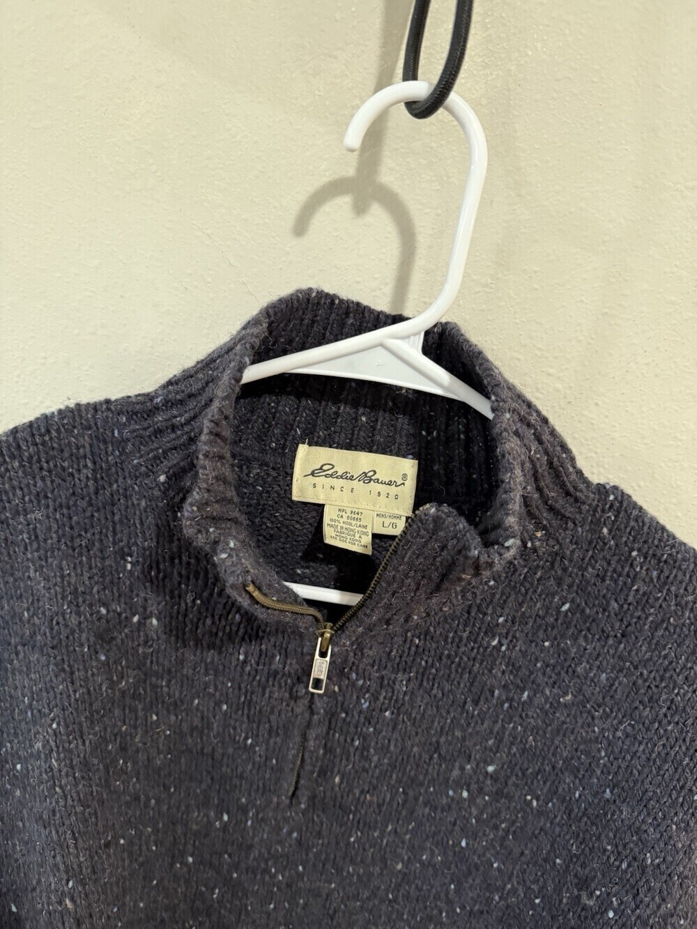 Vintage Eddie Bauer Winter 100% Wool Sweater Mens L Large 1/4 Zip Pullover Black - Picture 2 of 3